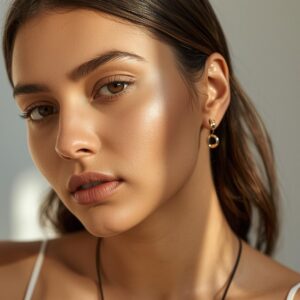 Mulher usando semijoias delicadas em look casual, com colar fino e brincos elegantes para o dia a dia.