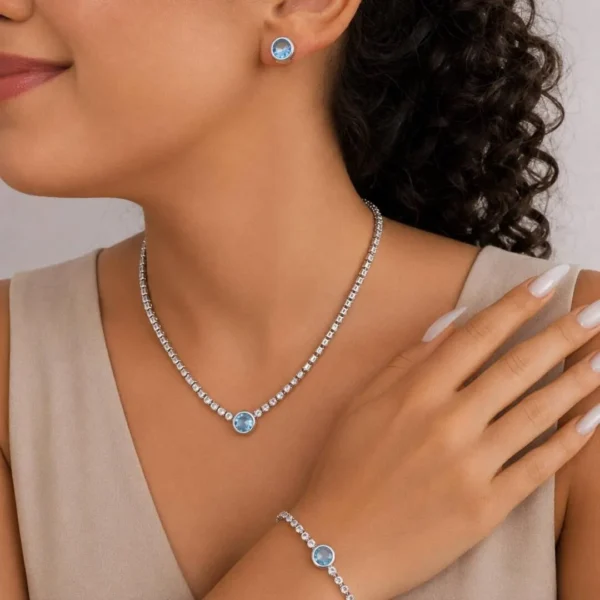 Conjunto riviera azul cristal elegante delicadeza brilho sofisticação feminino