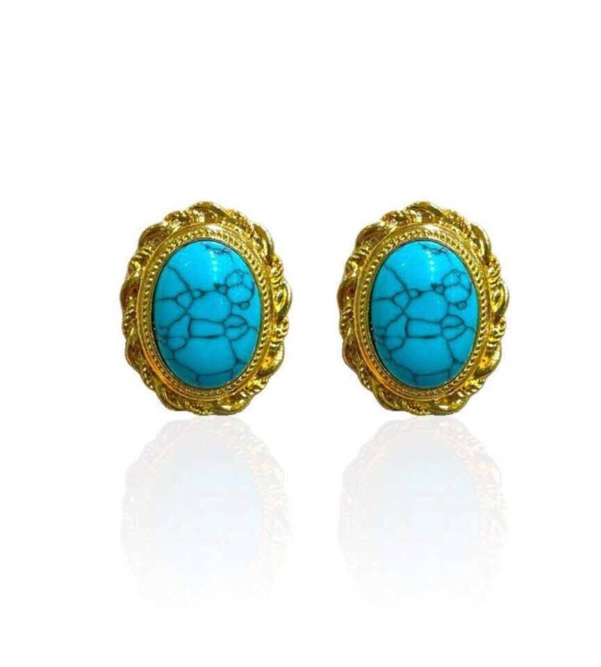 Brinco Boho Chic Pedra Turquesa e Moldura Dourada