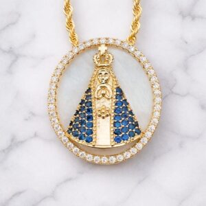 colar nossa senhora aparecida feminino manto safira dourado