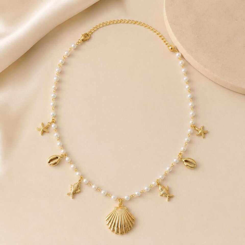colar perolas com pingentes fundo do mar feminino elegante