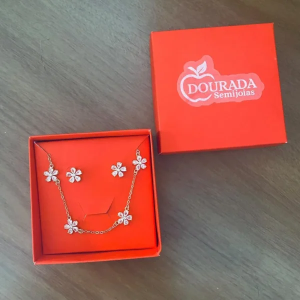 conjunto feminino flor zircônia cristal dourado elegante