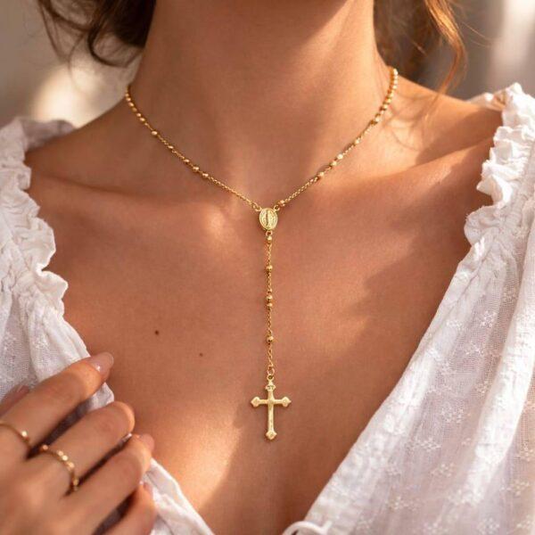 Colar terço dourado medalha religiosa cruz corrente alongada fé devoção