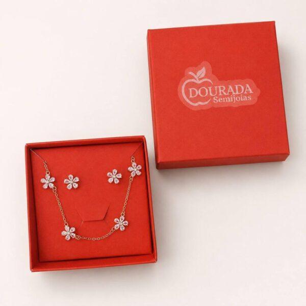 conjunto feminino flor zircônia cristal dourado elegante