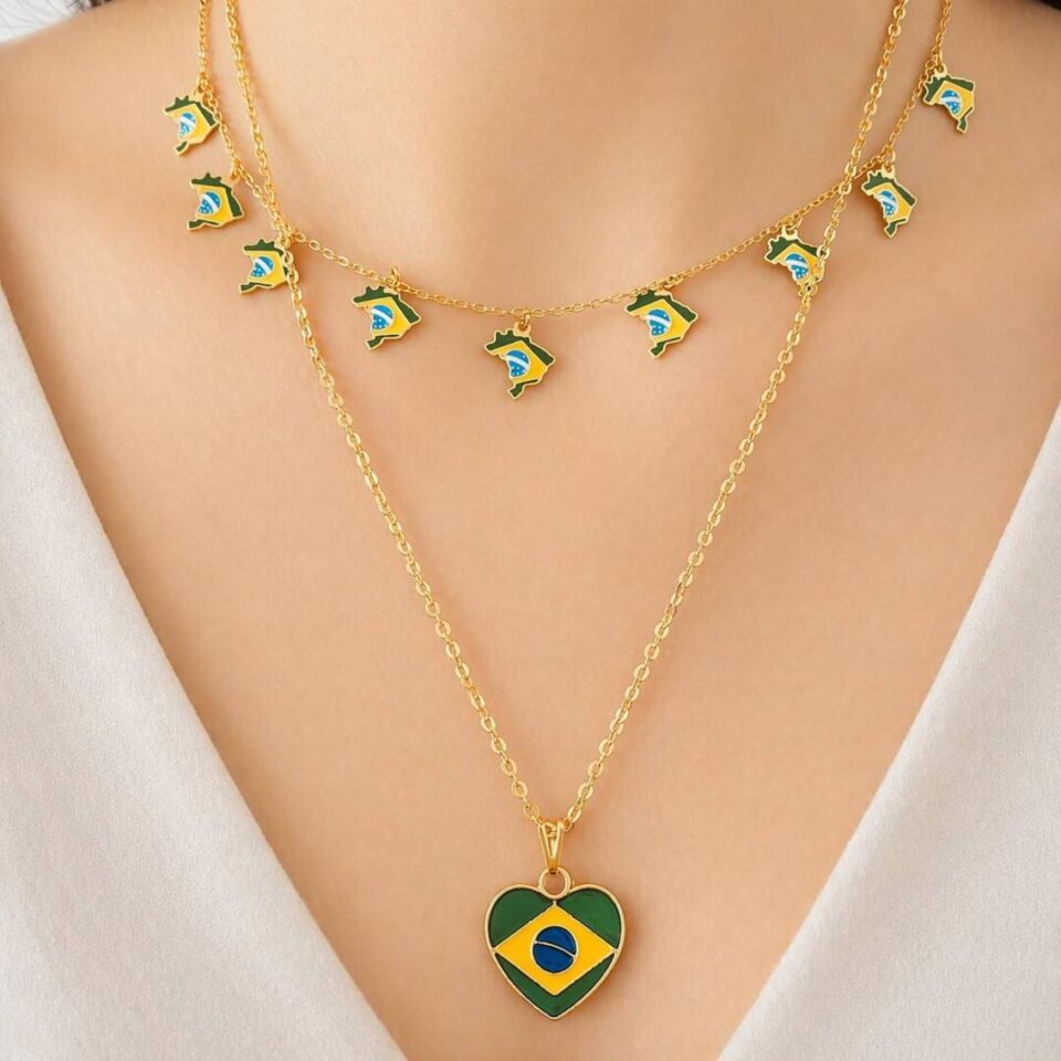 colar coracao brasil esmaltado feminino