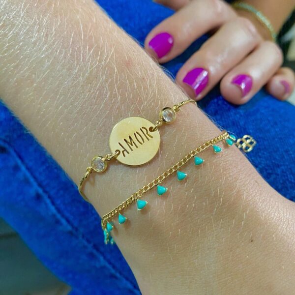 pulseira medalha amor com cristal delicada semijoia feminina