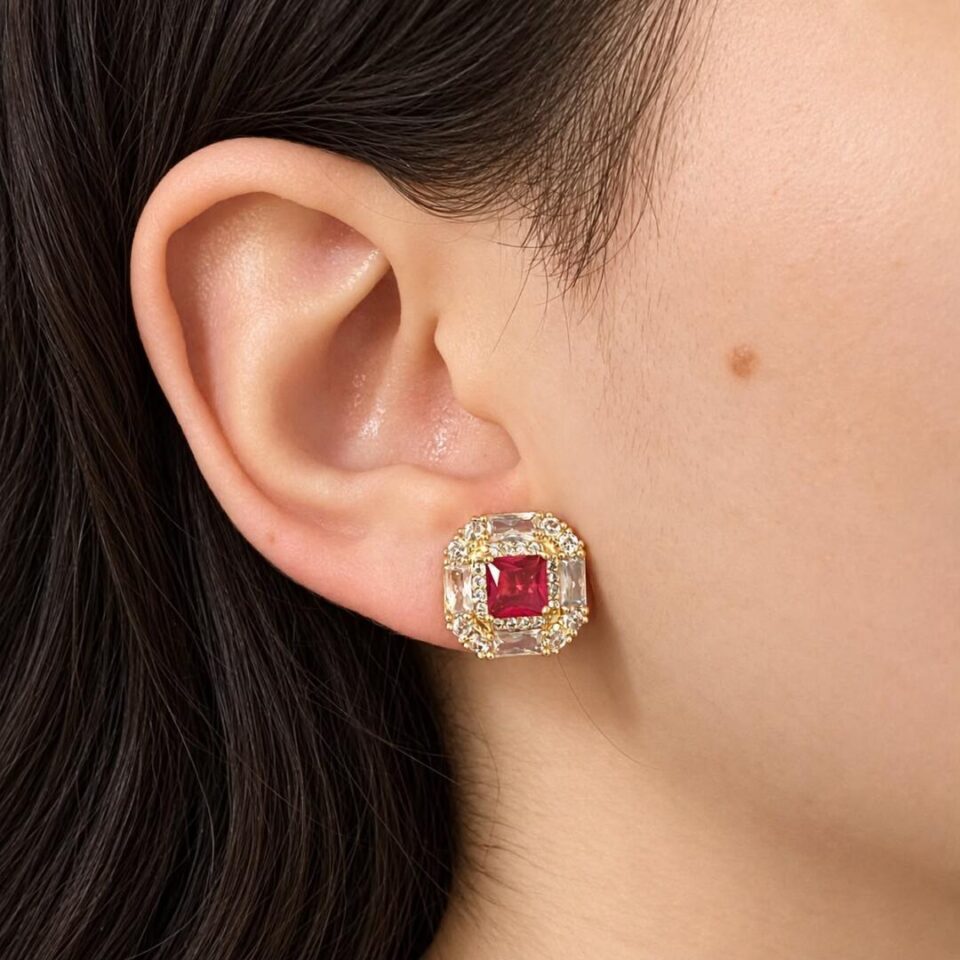 Brinco dourado zircônia rubi quadrada cristal lapidação retangular vermelho intenso