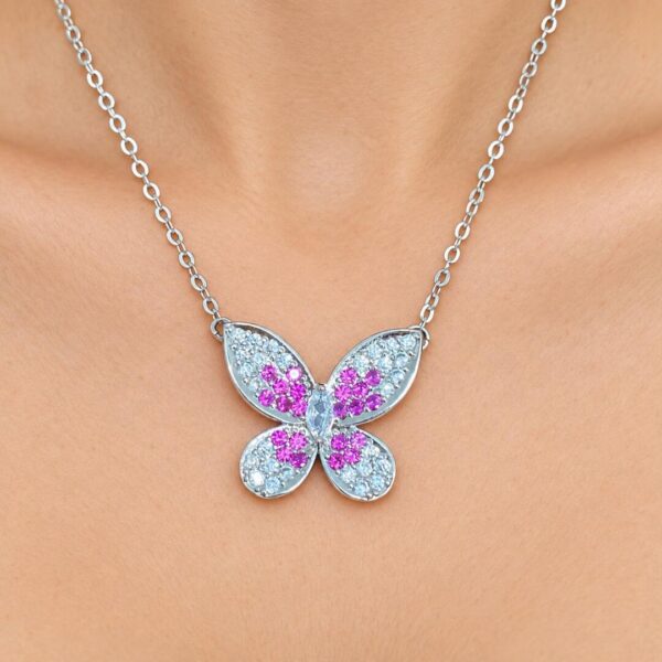 Conjunto borboleta ródio zircônias cristal rosa intenso asas cravejadas delicado