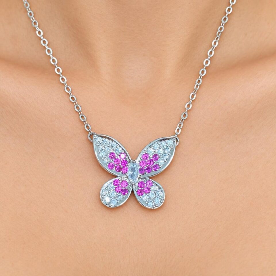 Conjunto borboleta ródio zircônias cristal rosa intenso asas cravejadas delicado