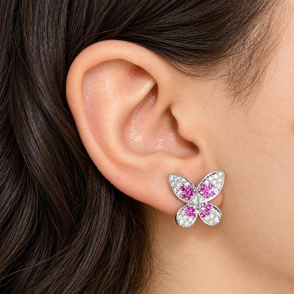 Conjunto borboleta ródio zircônias cristal rosa intenso asas cravejadas delicado