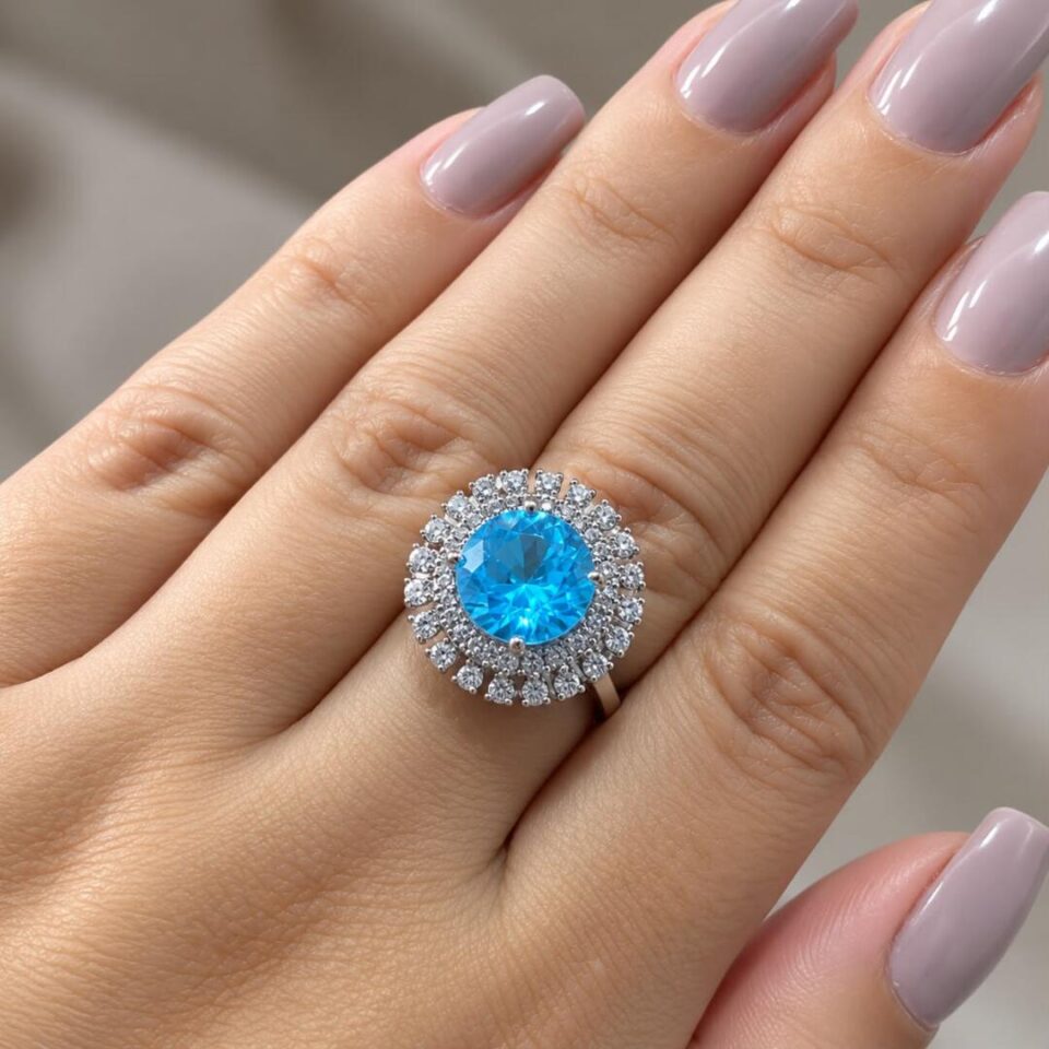 Anel ródio zircônia azul redonda duas fileiras cristal halo brilho sofisticado