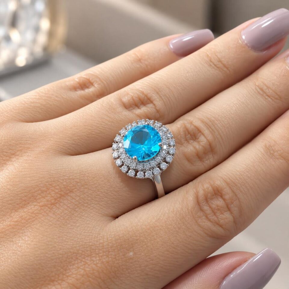 Anel ródio zircônia azul redonda duas fileiras cristal halo brilho sofisticado