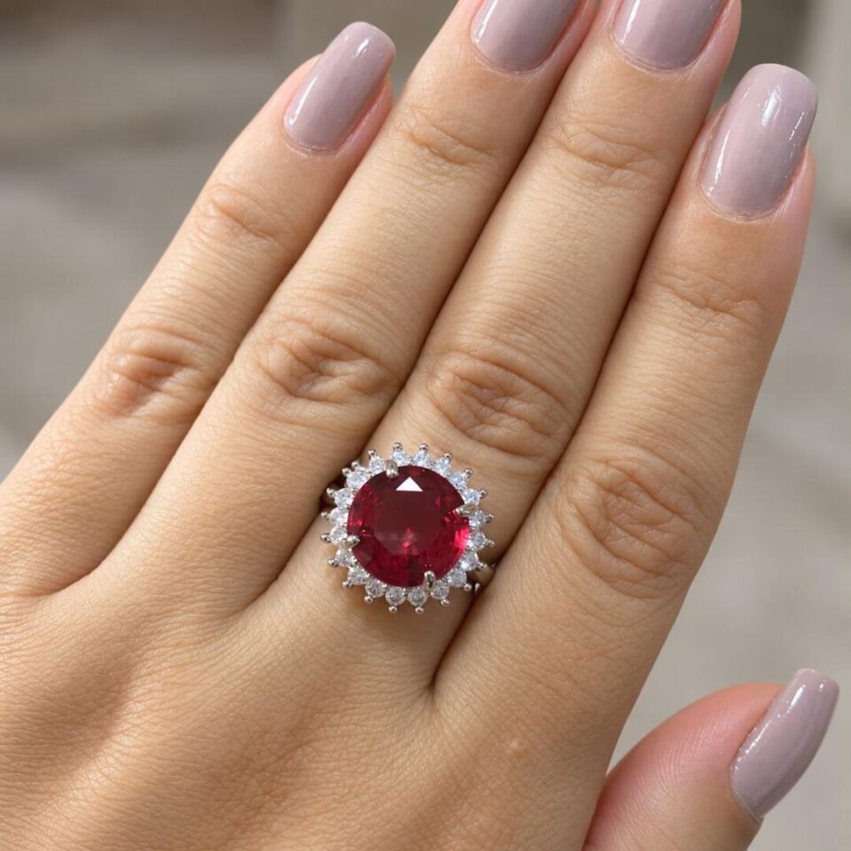 Anel ródio zircônia rubi redonda coroa cristal vermelho profundo ajustável