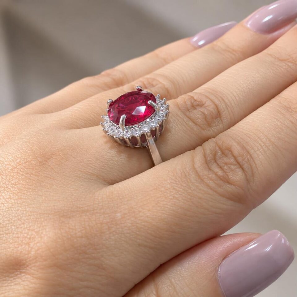 Anel ródio zircônia rubi redonda coroa cristal vermelho profundo ajustável