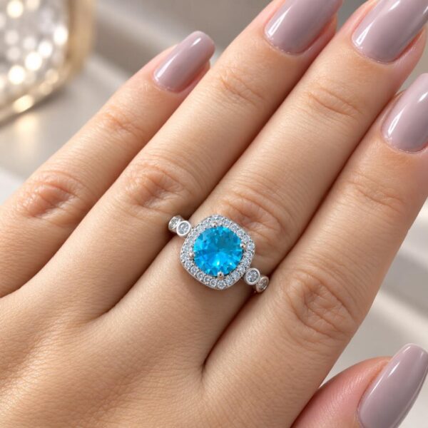 Anel ródio zircônia azul redonda moldura cristal aro cravejado brilho intenso