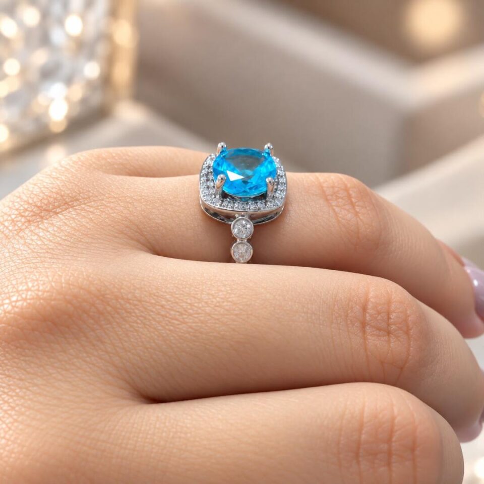 Anel ródio zircônia azul redonda moldura cristal aro cravejado brilho intenso